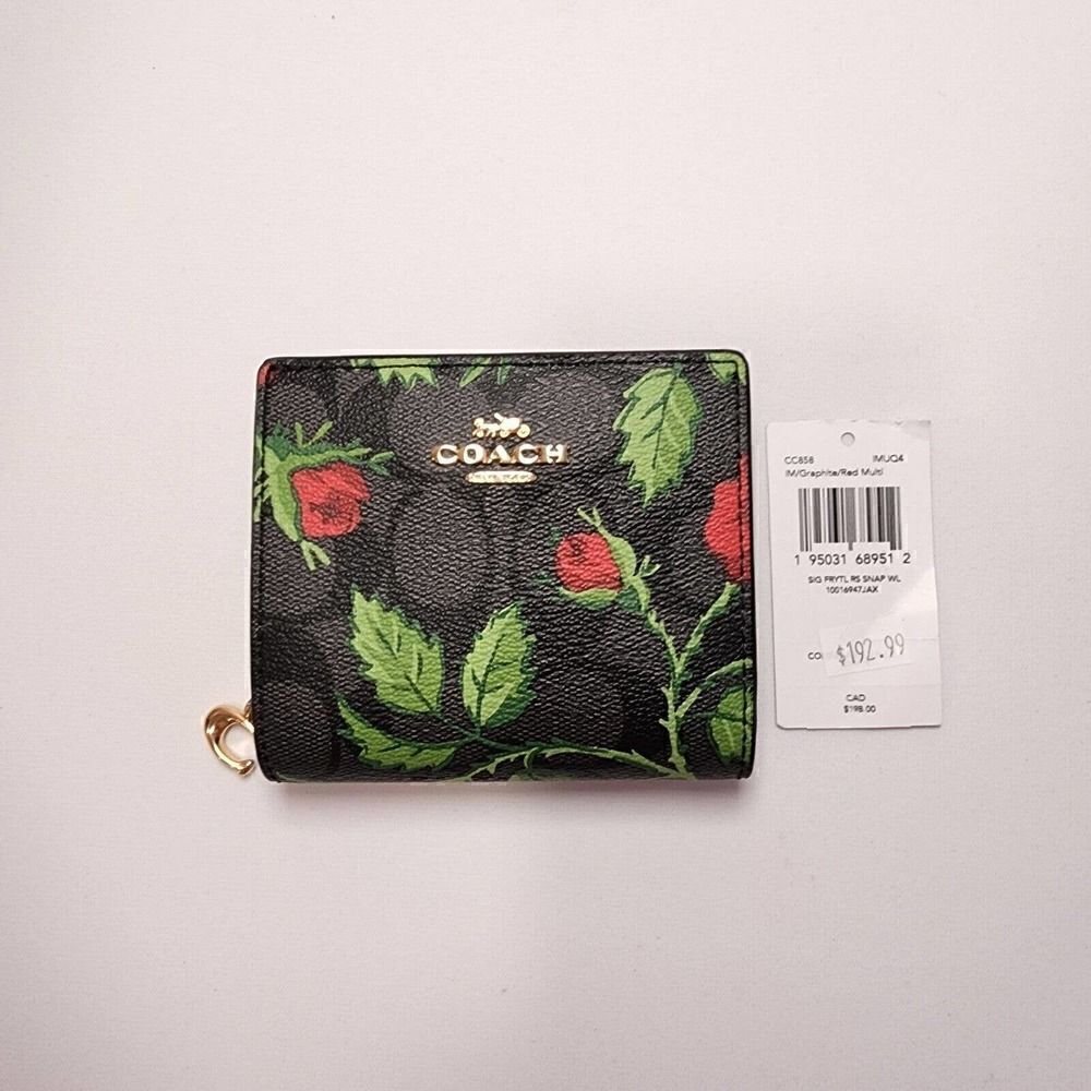 NWT Coach CC858 Snap Wallet In Signature Canvas With Fairytale Rose Print